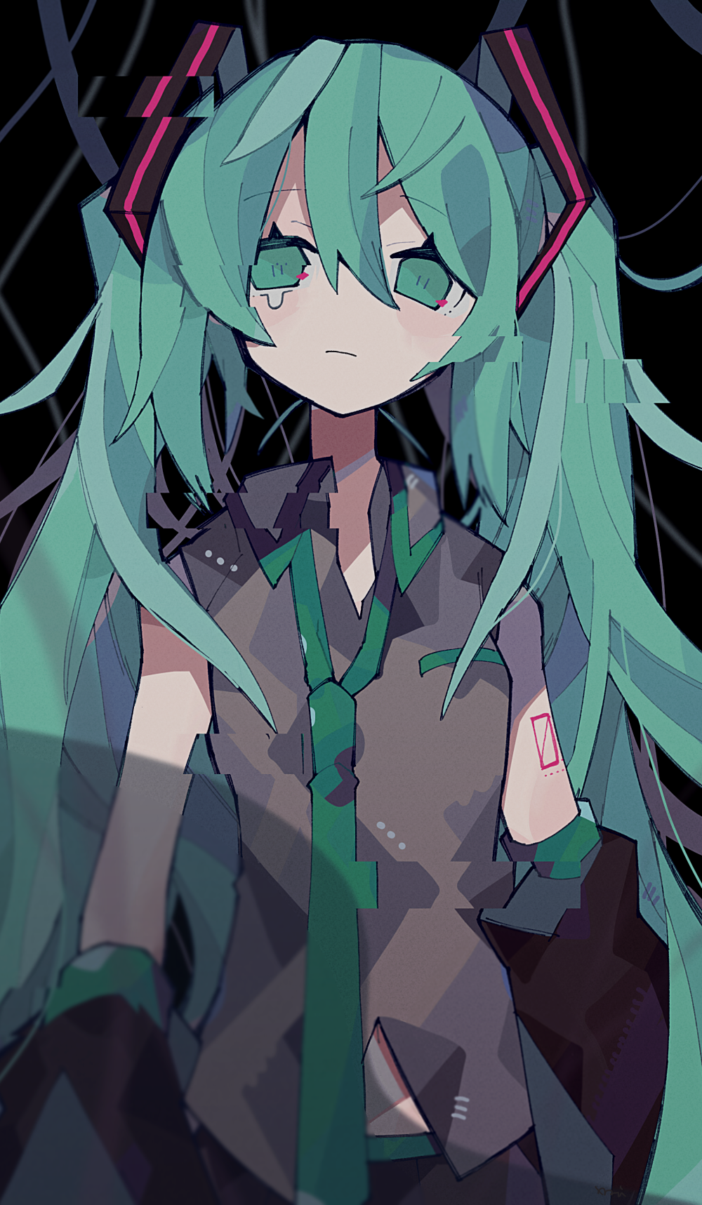 1girl closed_mouth collared_shirt commentary_request crying crying_with_eyes_open detached_sleeves eyebrows_visible_through_hair glitch green_eyes green_hair green_neckwear grey_shirt hatsune_miku highres long_hair mamimu_(ko_cha_22) necktie shirt shoulder_tattoo sleeveless sleeveless_shirt solo tattoo tears twintails upper_body very_long_hair vocaloid