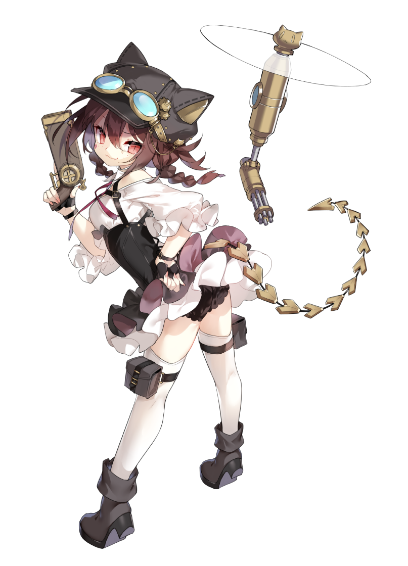 1girl :3 animal_hat bangs black_panties braid brown_hair cat_hat fang from_behind full_body gloves goggles goggles_on_headwear gun hair_between_eyes half_gloves hand_on_hip hat holding holding_gun holding_weapon looking_at_viewer medium_hair original panties red_eyes saru slit_pupils smile solo steampunk tail thigh-highs twin_braids underwear weapon white_background white_legwear