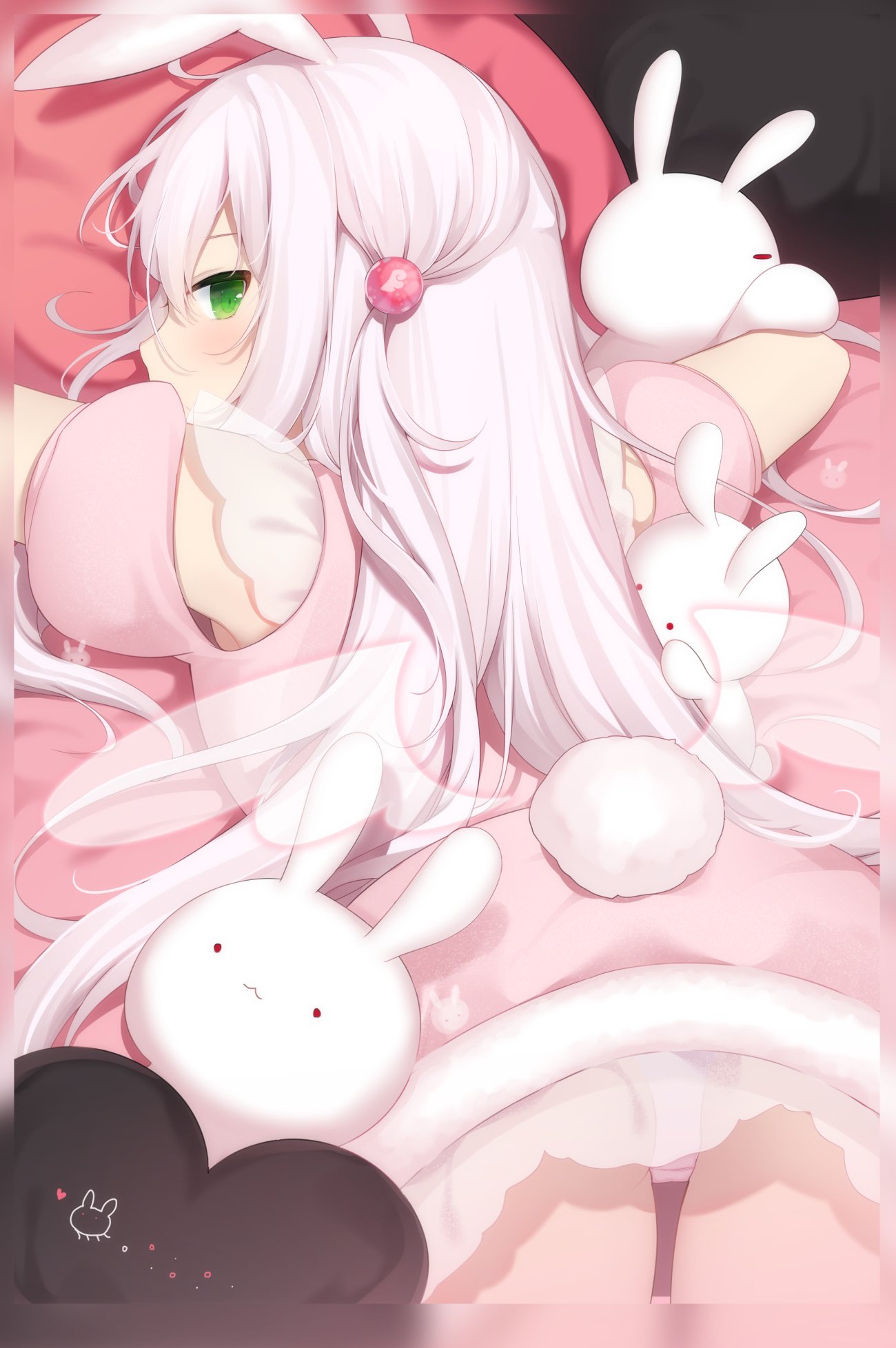 1girl amashiro_natsuki animal_ears animal_print bangs bare_arms blush bunny_girl bunny_print bunny_tail commentary_request from_behind fur_trim green_eyes hair_bobbles hair_ornament heart heart_pillow heart_print highres long_hair looking_at_viewer looking_back original panties pantyshot pillow pillwo puffy_short_sleeves puffy_sleeves rabbit_ears short_sleeves solo stuffed_animal stuffed_bunny stuffed_toy tail transparent_wings underwear white_panties white_wings wings
