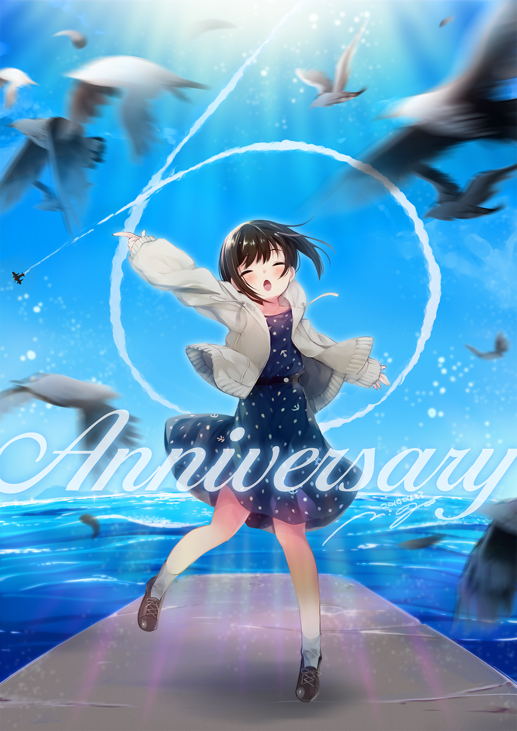 1girl 6+others aircraft airplane anchor_symbol anniversary bird black_footwear black_hair blue_dress blue_sky casual circle closed_eyes clouds commentary_request condensation_trail cross-laced_footwear day drawstring dress fubuki_(kantai_collection) full_body grey_legwear happy highres hood hooded_jacket hoodie jacket jumping kantai_collection light_rays low_ponytail motion_blur multiple_others nigo number open_mouth outdoors polka_dot polka_dot_dress ponytail seagull shoelaces short_ponytail sidelocks sky socks sunbeam sunlight white_jacket