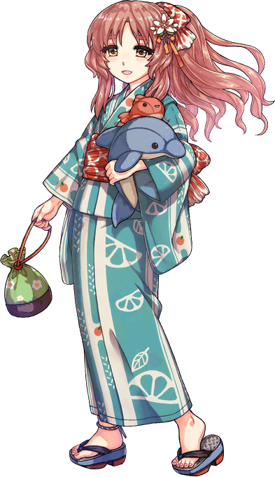 1girl acea4 bag brown_eyes brown_hair fish food_print full_body goldfish japanese_clothes kantai_collection kimono leaf_print long_hair official_art open_mouth ponytail sandals satchel solo standing stuffed_animal stuffed_dolphin stuffed_fish stuffed_toy wavy_hair yashiro_(kantai_collection) yukata