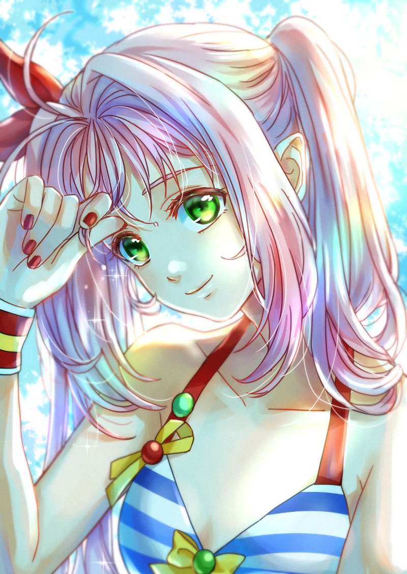 1girl akira_ituki alternate_hairstyle bikini bow close-up green_eyes hair_bow looking_at_viewer macross macross_7 mylene_jenius red_bow red_nails solo swimsuit twintails