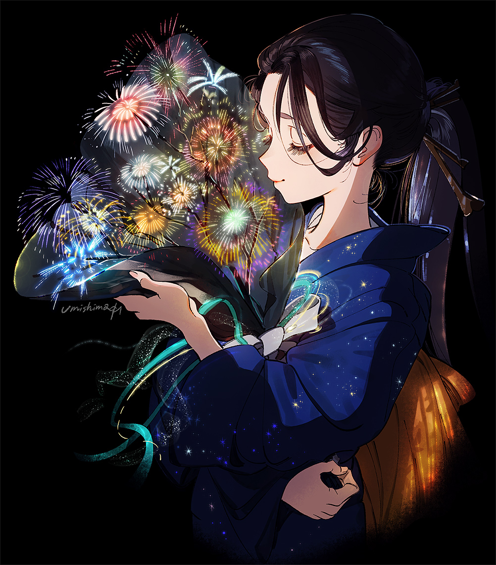 1girl abstract artist_name black_background black_hair blue_kimono bouquet bow closed_eyes closed_mouth eyelashes fireworks flower holding japanese_clothes kimono lips long_hair original ponytail signature simple_background smile solo umishima_senbon upper_body