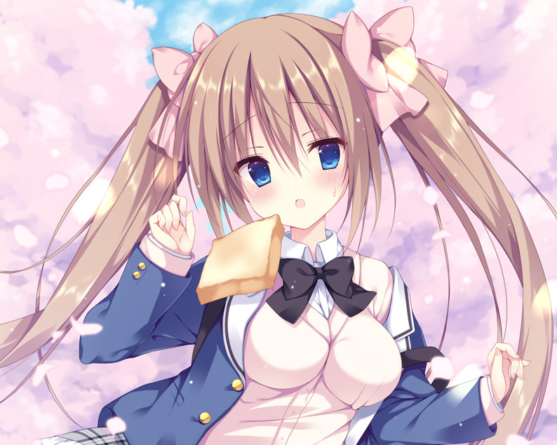 1girl bangs black_bow blue_eyes blue_jacket blush bow breasts brown_hair cardigan collared_shirt copyright_request day dress_shirt eyebrows_visible_through_hair food hair_between_eyes hair_bow hand_up izuminanase jacket long_hair long_sleeves medium_breasts official_art open_clothes open_jacket open_mouth outdoors pink_bow pink_cardigan plaid plaid_skirt school_uniform shirt skirt sleeves_past_wrists solo sweat toast twintails upper_body very_long_hair white_shirt