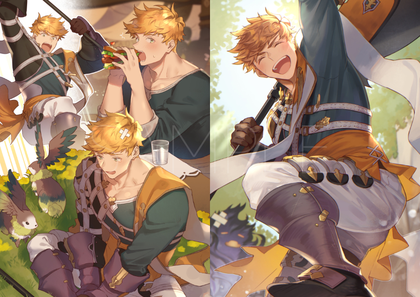 1boy animal bangs bara blonde_hair blush brown_gloves chest clone collage cropped gloves granblue_fantasy granblue_fantasy_(style) green_eyes happy higashigunkan laughing looking_at_viewer male_focus multiple_views muscle open_mouth pectorals shirt smile thick_thighs thighs toned toned_male upper_body vane_(granblue_fantasy) watermark