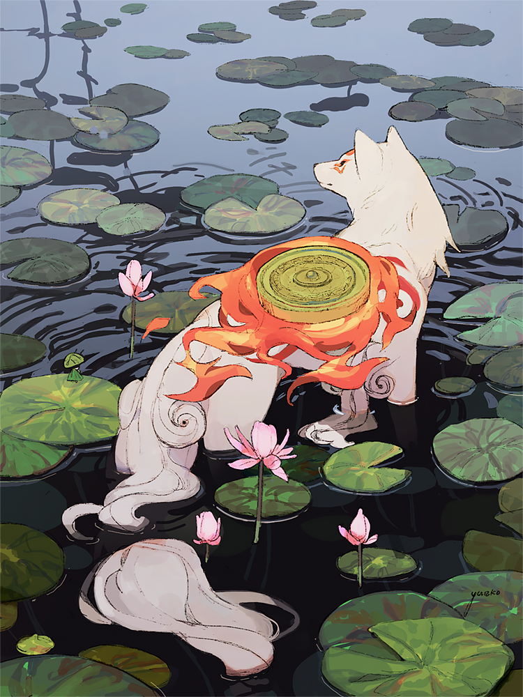 amaterasu animal commentary english_commentary fire flower lily_(flower) lily_pad looking_to_the_side nature no_humans ookami_(game) outdoors reflector_(ookami) ripples shield wading water white_fur wolf yueko_(jiayue_wu)