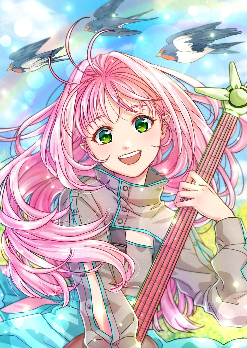 1girl akira_ituki bird close-up floating_hair green_eyes guitar holding holding_instrument instrument long_hair looking_at_viewer macross macross_7 mylene_jenius open_mouth pink_hair pointy_ears smile solo sparrow