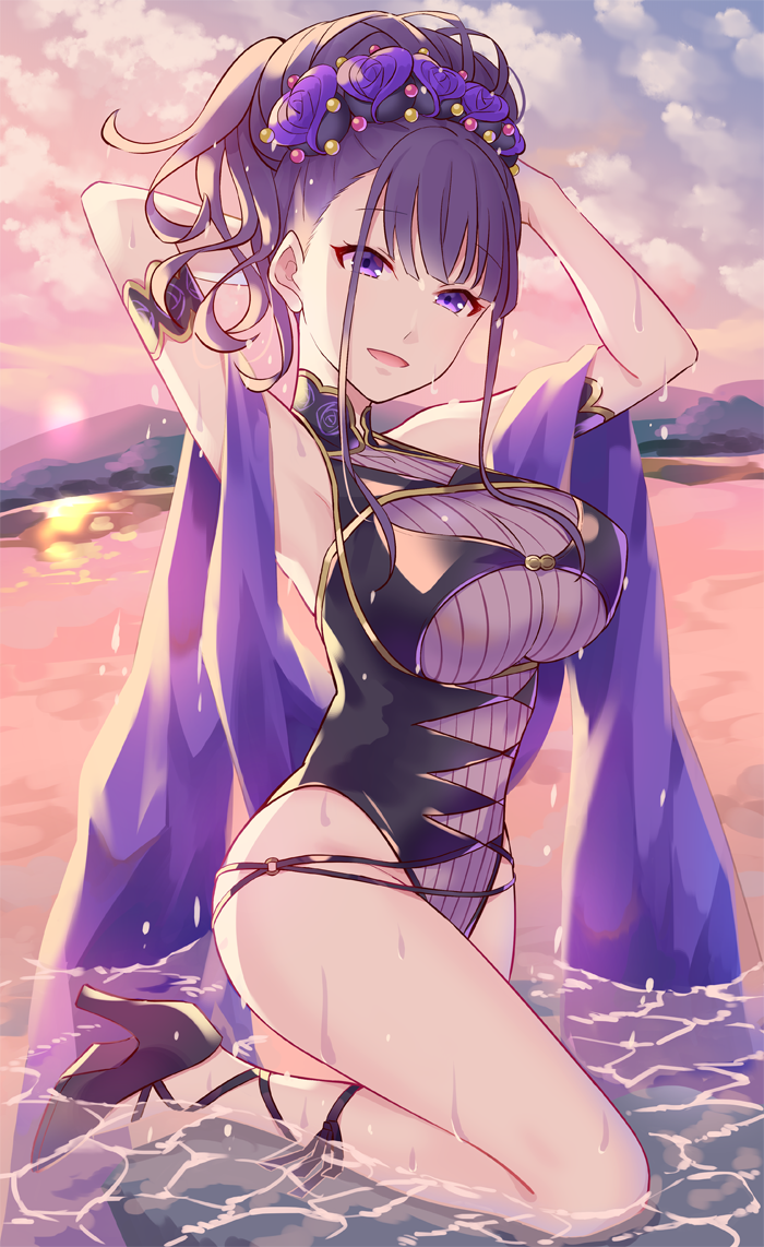 1girl armlet armpits arms_behind_head arms_up bangs bare_shoulders black_hair black_swimsuit blush breasts covered_navel fate/grand_order fate_(series) flower hair_flower hair_ornament hair_up high_heels highleg highleg_swimsuit iincho_(airi8751) lake large_breasts long_hair looking_at_viewer murasaki_shikibu_(fate) murasaki_shikibu_(swimsuit_rider)_(fate) one-piece_swimsuit open_mouth orange_sky purple_hair purple_sky shawl sky smile swimsuit thighs tied_hair twilight violet_eyes wet