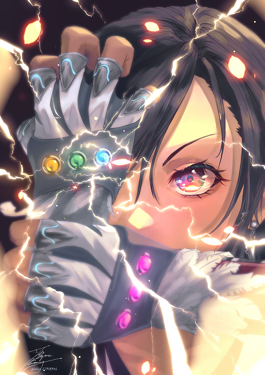 1girl bangs black_hair collarbone commentary_request earrings electricity fadingzz final_fantasy final_fantasy_vii fingerless_gloves gloves grabbing_own_arm hand_over_eye highres jewelry looking_at_viewer materia parted_bangs partial_commentary pixiv_id red_eyes serious signature solo sparks tifa_lockhart wrist_grab