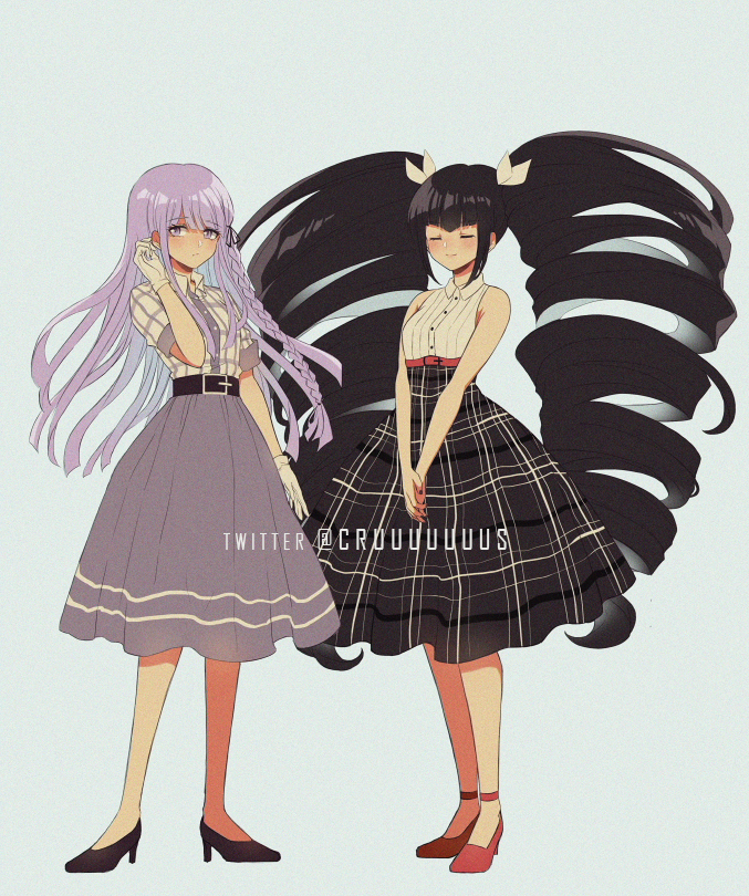 2girls alternate_costume belt black_footwear black_hair black_skirt braid celestia_ludenberck closed_eyes criis-chan dangan_ronpa dangan_ronpa_1 drill_hair high_heels kirigiri_kyouko lavender_hair lavender_skirt legs long_hair long_skirt looking_away multiple_girls plaid plaid_skirt red_footwear side_braid skirt symbol_commentary twitter_username very_long_hair violet_eyes