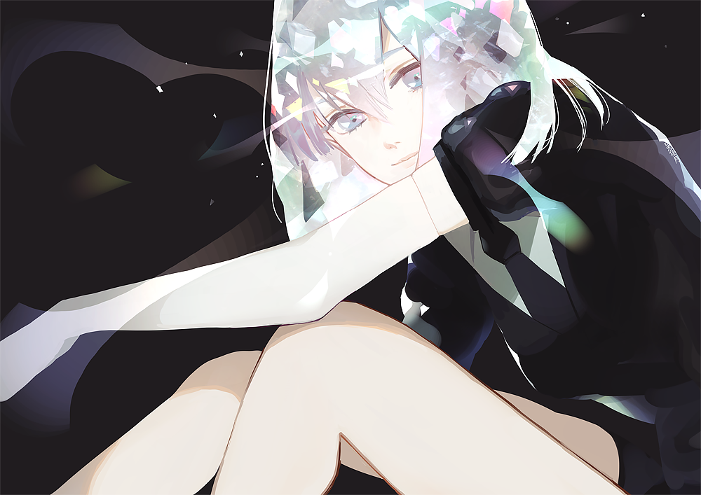 1other androgynous black_neckwear closed_mouth diamond_(houseki_no_kuni) elbow_gloves gloves green_hair grey_eyes hair_between_eyes houseki_no_kuni looking_at_viewer medium_hair neckwear puffy_sleeves sitting smile solo white_gloves yueko_(jiayue_wu)