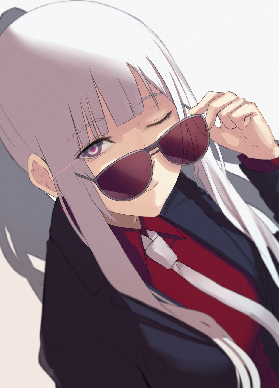 1girl ak-12_(girls_frontline) artificial_eye asakiri_koko bangs black_jacket blunt_bangs closed_mouth collared_shirt eyebrows_visible_through_hair formal from_above girls_frontline high_ponytail highres jacket long_hair looking_at_viewer mechanical_eye necktie one_eye_closed red_shirt shirt sidelocks suit sunglasses violet_eyes white_background white_neckwear