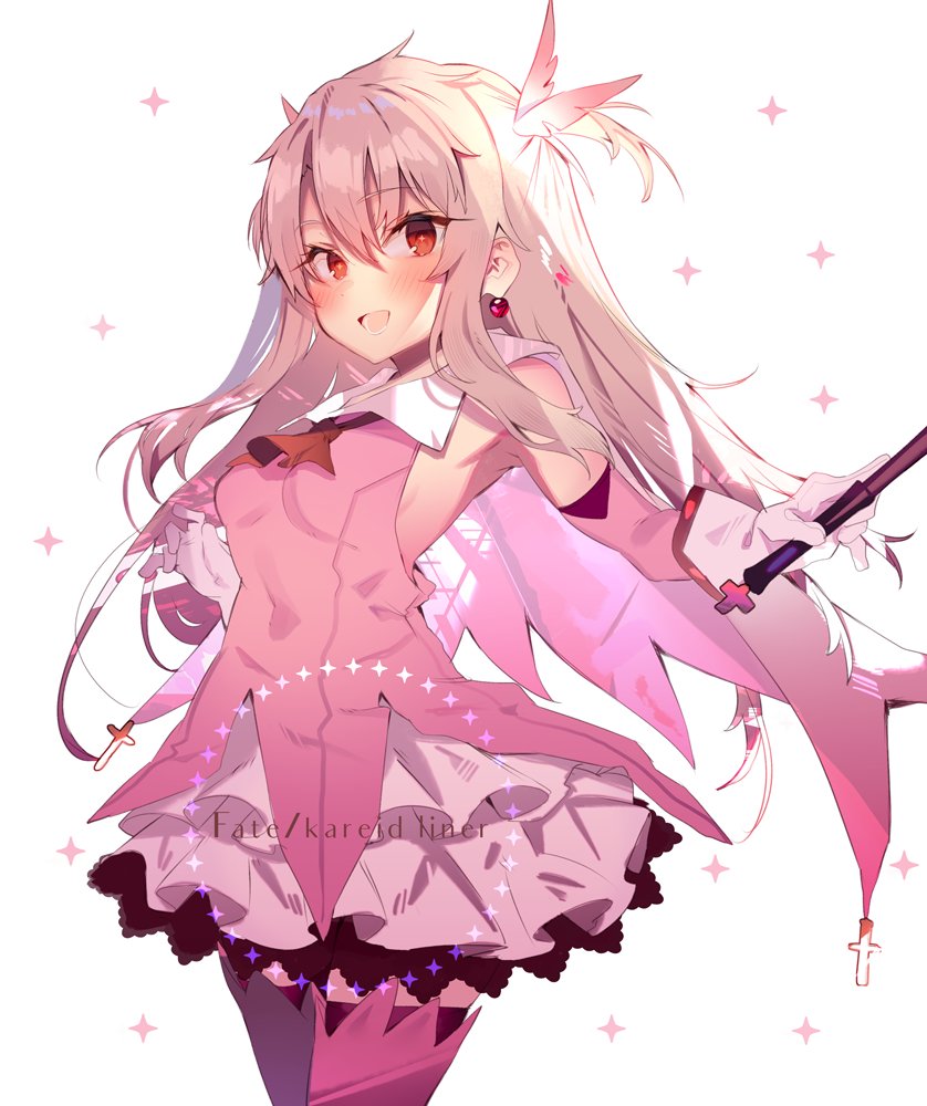 1girl ascot bangs bare_shoulders blush breasts cape earrings fate/kaleid_liner_prisma_illya fate_(series) feathers gloves hair_feathers holding holding_wand illyasviel_von_einzbern jewelry kaleidostick long_hair looking_at_viewer magical_girl magical_ruby open_mouth pink_feathers pink_legwear pink_sleeves prisma_illya red_eyes simple_background small_breasts smile soukou_makura sparkle thigh-highs thighs wand white_background white_gloves white_hair yellow_neckwear