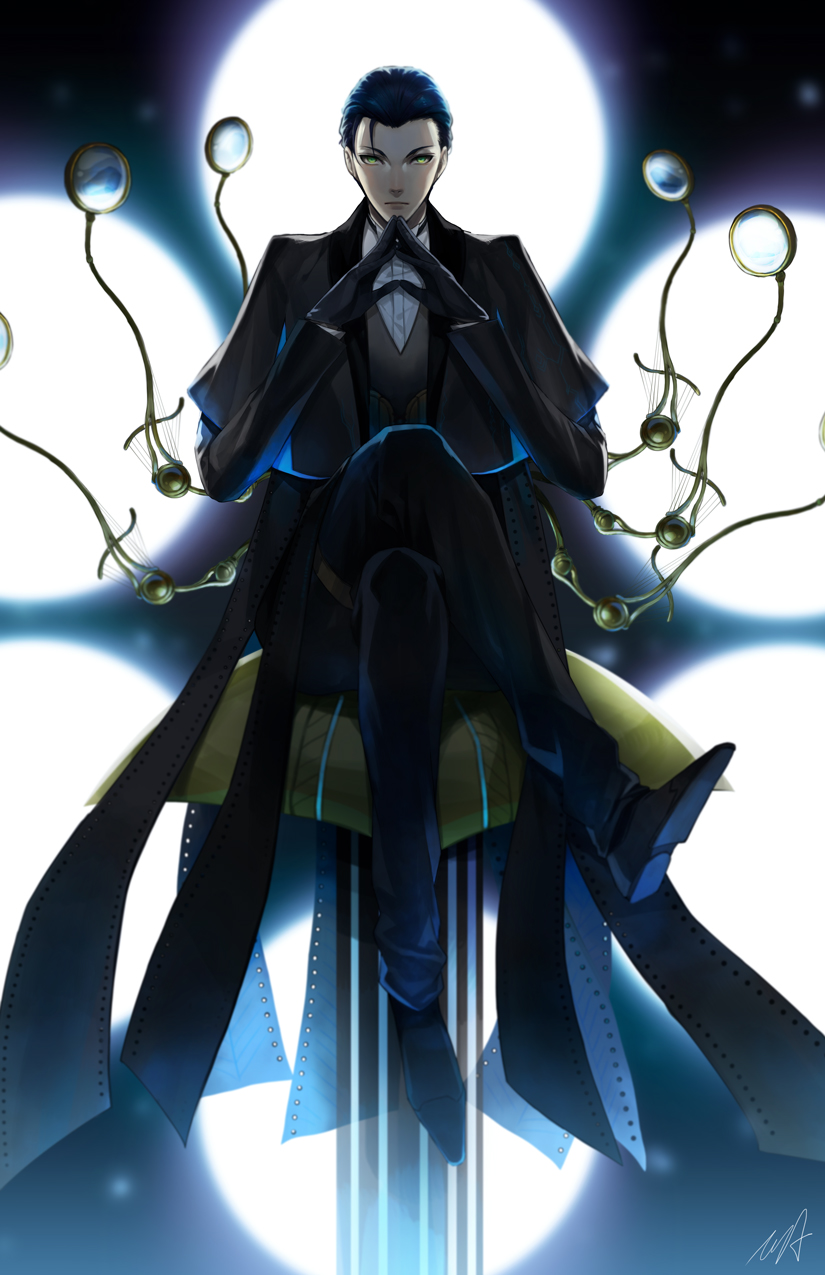 1boy bangs black_bow black_gloves black_hair black_jacket black_neckwear black_pants blue_jacket bow bowtie collared_shirt fate/grand_order fate_(series) formal full_body gloves green_eyes highres jacket long_sleeves looking_at_viewer male_focus neckwear pants sherlock_holmes_(fate/grand_order) shirt short_hair sitting solo suit tooaya white_shirt