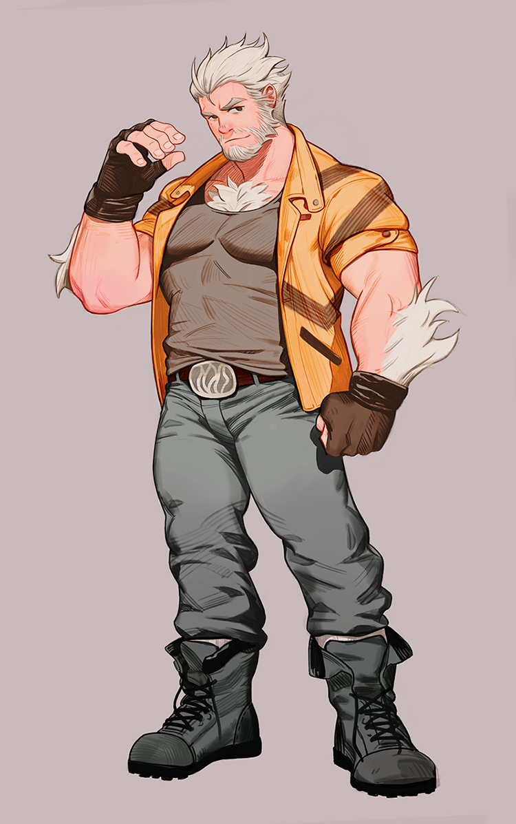 1boy bara beard belt body_hair bulge chest covered_abs facial_hair fingerless_gloves full_body gloves goatee male_focus manly muscle neilos old_man original pants pectorals shoes short_hair sideburns thick_thighs thighs white_hair