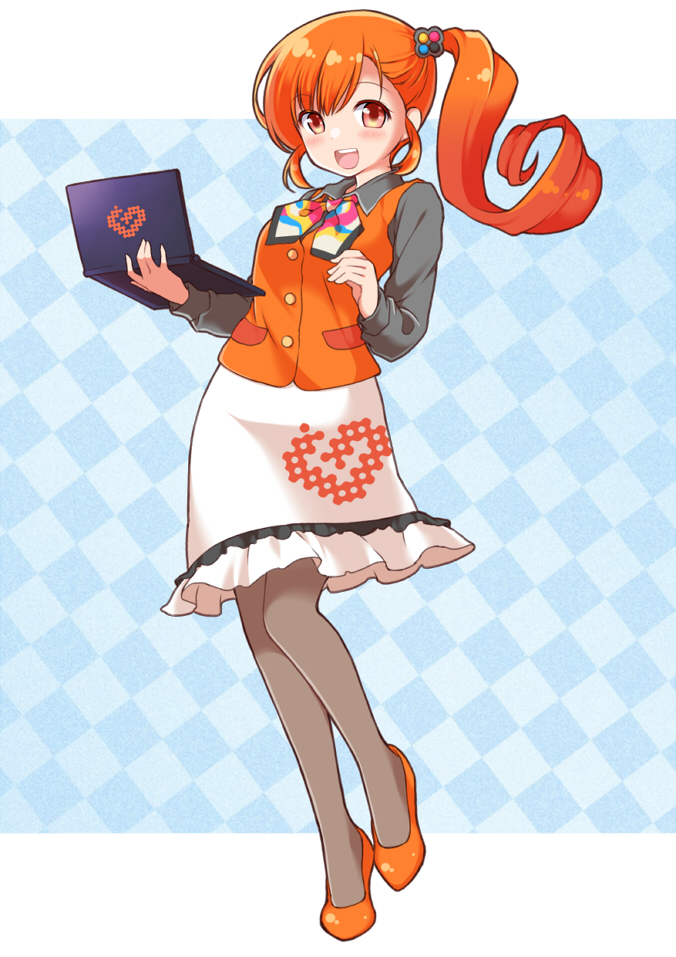 1girl :d black_legwear blue_background blush checkered checkered_background computer grey_legwear hair_ornament heart holding_laptop kawanobe laptop long_sleeves open_mouth orange_eyes orange_hair orange_vest original pantyhose ponytail side_ponytail sidelocks skirt smile solo vest white_skirt