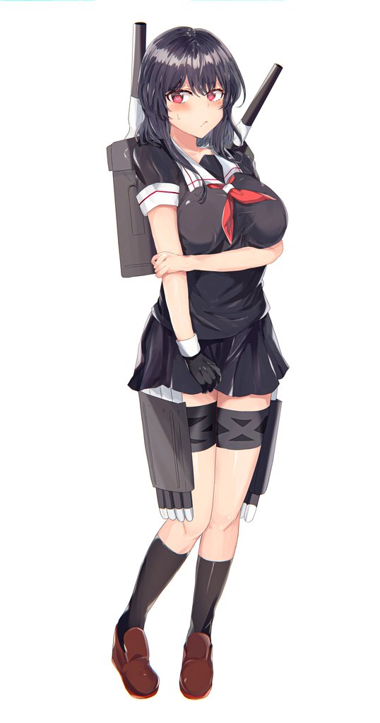1girl adapted_turret black_hair black_legwear black_serafuku black_skirt brown_footwear cannon commentary_request cosplay full_body kantai_collection kneehighs loafers miyako_(00727aomiyako) pleated_skirt red_eyes red_neckwear sailor_collar school_uniform serafuku shigure_(kantai_collection) shigure_(kantai_collection)_(cosplay) shoes short_hair simple_background skirt solo standing thigh_strap torpedo_launcher turret white_background white_sailor_collar yamashiro_(kantai_collection)