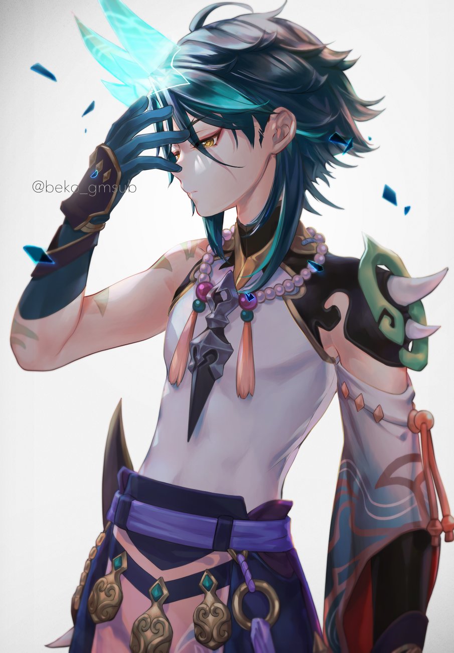 1boy arm_tattoo bead_necklace beads beko_gmsub black_hair blue_hair closed_mouth genshin_impact gloves grey_background hair_between_eyes half-closed_eyes highres jewelry makeup male_focus mask multicolored_hair necklace simple_background solo tassel tattoo twitter_username upper_body xiao_(genshin_impact) yellow_eyes