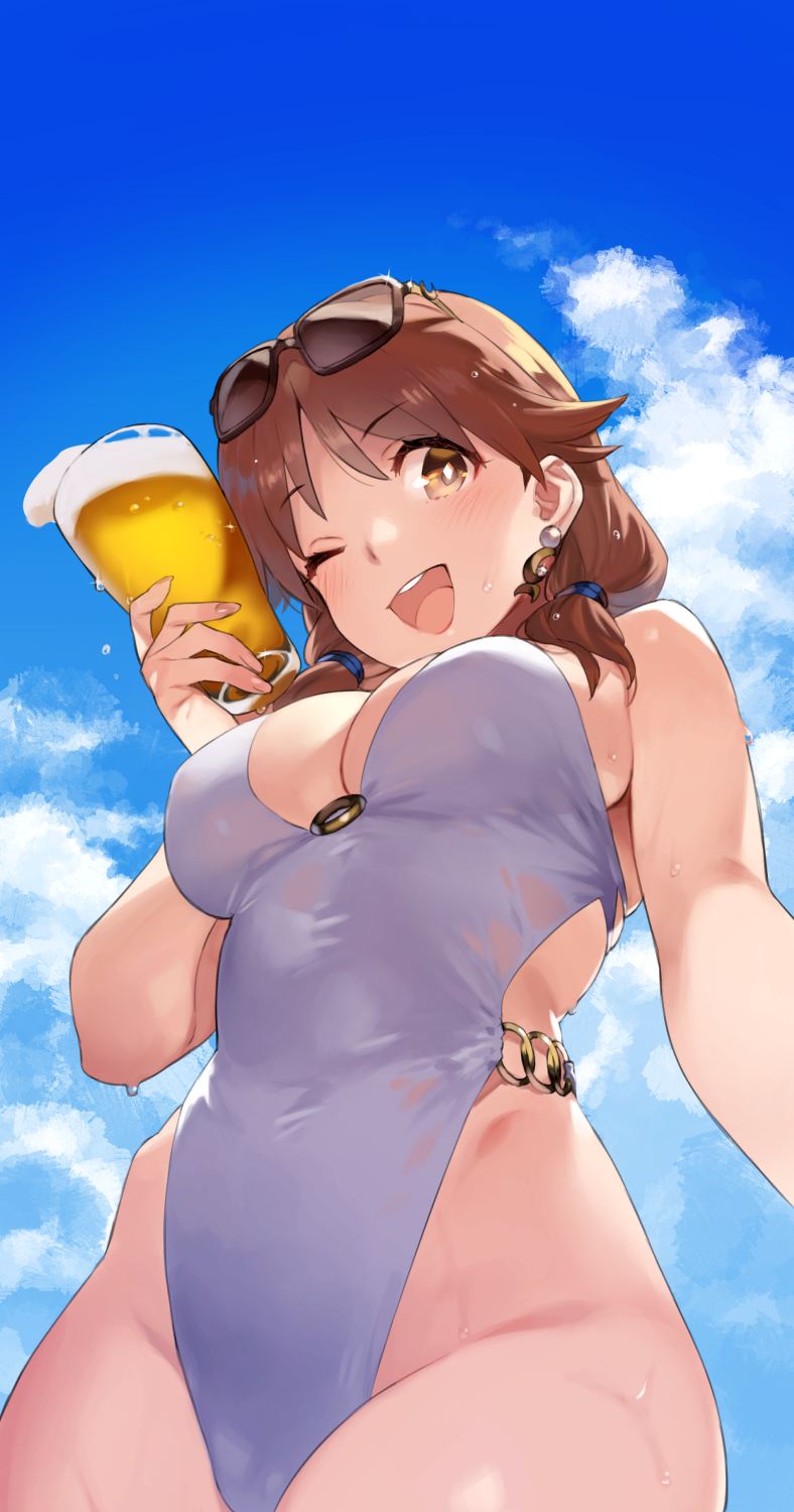 1girl 92m ;d alcohol beer blue_sky breasts brown_eyes brown_hair casual_one-piece_swimsuit clouds commentary_request eyewear_on_head from_below glass highleg highleg_swimsuit highres idolmaster idolmaster_cinderella_girls katagiri_sanae large_breasts long_hair looking_at_viewer low_twintails o-ring o-ring_swimsuit one-piece_swimsuit one_eye_closed open_mouth round_teeth short_twintails sky smile solo sunglasses swimsuit teeth twintails upper_teeth white_swimsuit