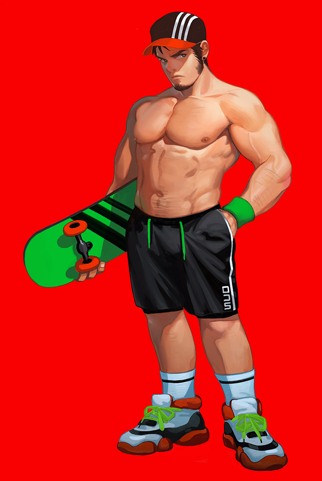 1boy abs bara black_hair bulge chest facial_hair full_body goatee hat male_focus manly muscle navel neilos nipples original pectorals shirtless shoes short_hair shorts sideburns skateboard