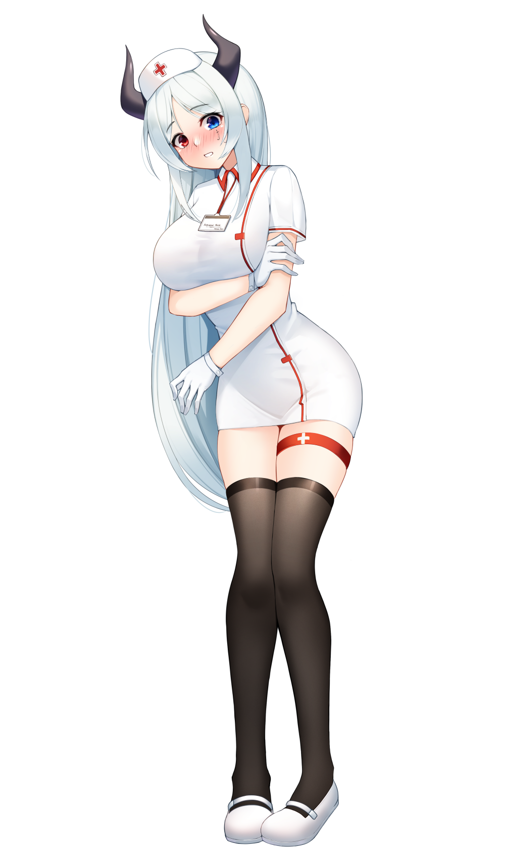 1girl :o arm_under_breasts bangs black_legwear blue_eyes blush breasts commentary commission dress eyebrows_visible_through_hair facial_mark full_body gloves hand_on_own_arm hat highres id_card large_breasts long_hair looking_at_viewer maemi_(maemi12) nose_blush nurse nurse_cap open_mouth original parted_bangs red_eyes short_dress short_sleeves sidelocks silver_hair standing straight_hair thigh-highs thigh_strap very_long_hair white_dress white_footwear white_gloves zettai_ryouiki