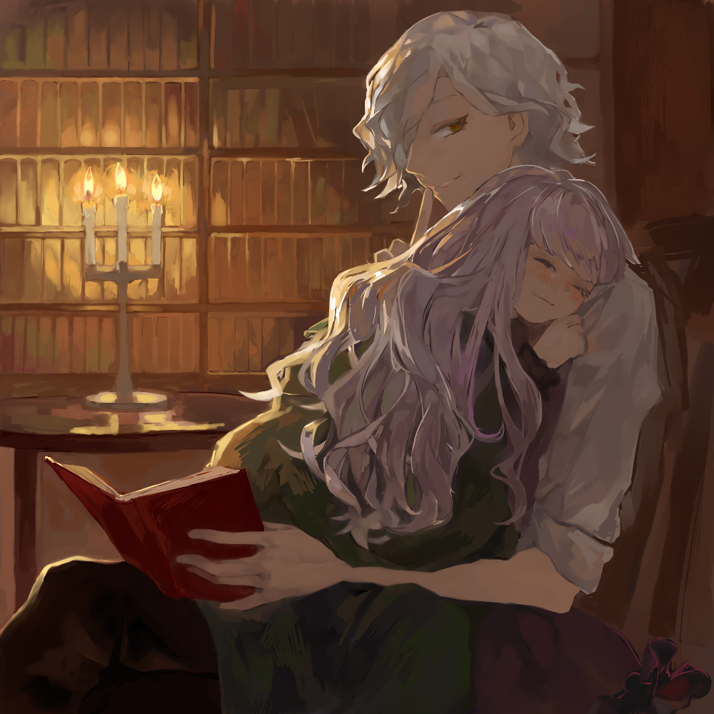 0803mm 1boy 1girl black_pants blanket blush book candle candlestand closed_eyes collared_shirt edmond_dantes_(fate/grand_order) fate/grand_order fate_(series) holding holding_book long_hair lying lying_on_person medium_hair nursery_rhyme_(fate/extra) pants shirt silver_hair sitting sleeping sleeves_rolled_up smile very_long_hair white_hair white_shirt yellow_eyes younger