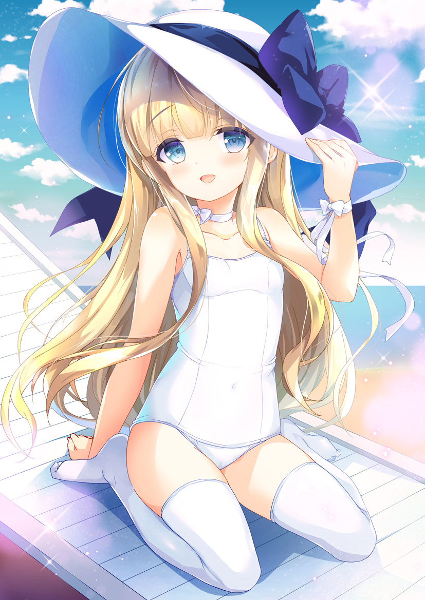 1girl arm_up bangs bare_shoulders beach blonde_hair blue_eyes bow casual_one-piece_swimsuit choker clouds collarbone commentary_request day emily_(pure_dream) hand_on_headwear hat hat_ribbon long_hair looking_at_viewer neck_ribbon no_shoes ocean one-piece_swimsuit open_mouth original outdoors ribbon seiza sitting sky smile solo sun_hat swimsuit thigh-highs thighs white_headwear white_legwear white_swimsuit wind wrist_ribbon