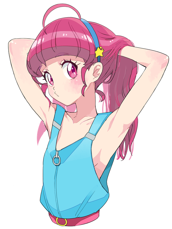 1girl adjusting_hair ahoge armpits blush border breasts collarbone cropped_torso hair_ornament hairband hoshina_hikaru long_hair moudoku_(decopon3rd) no_bra pink_eyes pink_hair precure pursed_lips sideboob sideways_glance simple_background small_breasts solo star_(symbol) star_hair_ornament star_twinkle_precure tying_hair upper_body white_background white_border