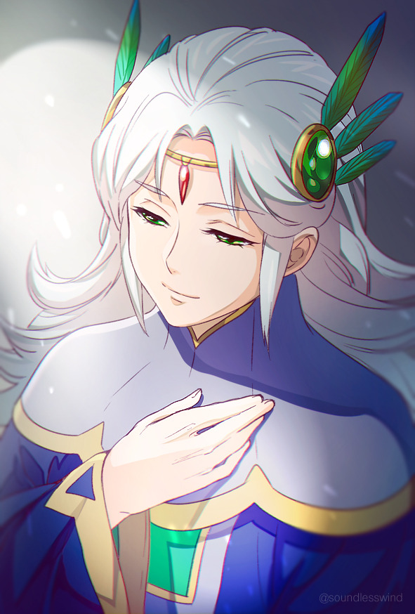 1boy artist_name circlet closed_mouth commentary english_commentary fantasy_life green_eyes hair_ornament hand_on_own_chest kaze-hime long_hair long_sleeves male_focus sidelocks smile solo upper_body white_hair