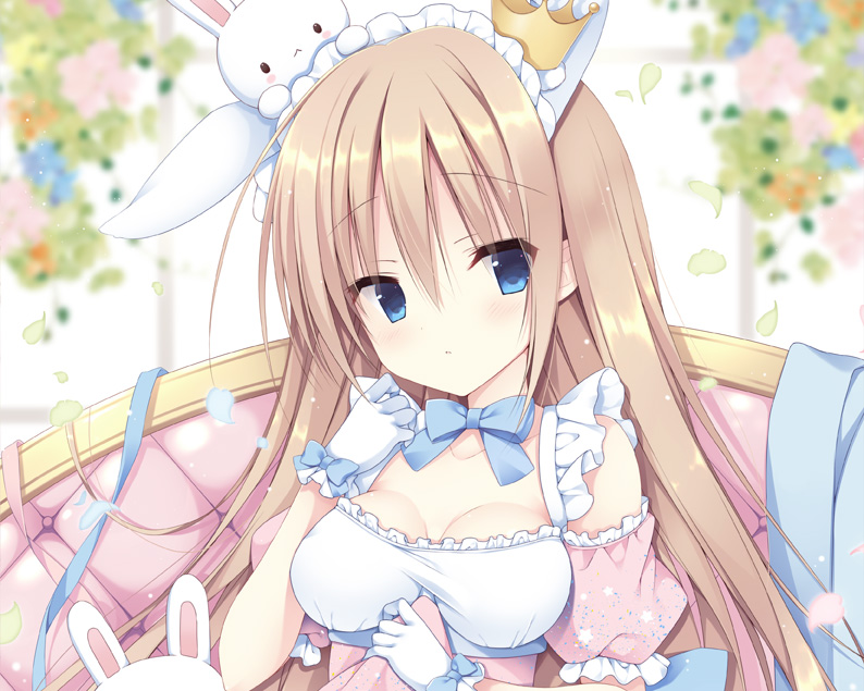 1girl animal_ears bangs blue_eyes blurry blurry_background blush breasts brown_hair copyright_request couch crown depth_of_field detached_sleeves dress eyebrows_visible_through_hair gloves hair_between_eyes hands_up izuminanase long_hair looking_at_viewer maid_headdress medium_breasts mini_crown official_art on_couch parted_lips petals pink_dress pink_sleeves puffy_short_sleeves puffy_sleeves rabbit_ears short_sleeves sleeveless sleeveless_dress solo stuffed_animal stuffed_bunny stuffed_toy tilted_headwear upper_body white_gloves