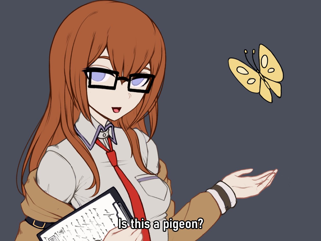 1girl :d bangs bespectacled black-framed_eyewear blue_eyes blush breasts brown_hair brown_jacket bug butterfly collared_shirt english_text glasses grey_background hair_between_eyes insect is_this_a_pigeon jacket long_hair long_sleeves looking_at_viewer makise_kurisu medium_breasts meme necktie off_shoulder open_mouth pantyhose red_neckwear shellvi shirt shorts simple_background smile solo steins;gate subtitled upper_body white_shirt