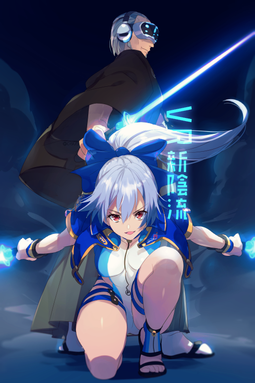 1boy 1girl bangs beard blue_bow blue_jacket blue_swimsuit bow breasts brown_kimono cis05 dual_wielding energy_sword facial_hair fate/grand_order fate_(series) grey_hair hair_between_eyes hair_bow hakama head_mounted_display headphones highleg highleg_swimsuit holding jacket japanese_clothes kimono kneeling large_breasts long_hair long_sleeves looking_at_viewer old_man one-piece_swimsuit open_mouth ponytail red_eyes sandals short_sleeves silver_hair smile swimsuit sword thighs tomoe_gozen_(fate/grand_order) tomoe_gozen_(swimsuit_saber)_(fate) translation_request two-tone_swimsuit weapon white_swimsuit wide_sleeves yagyuu_munenori_(fate/grand_order)