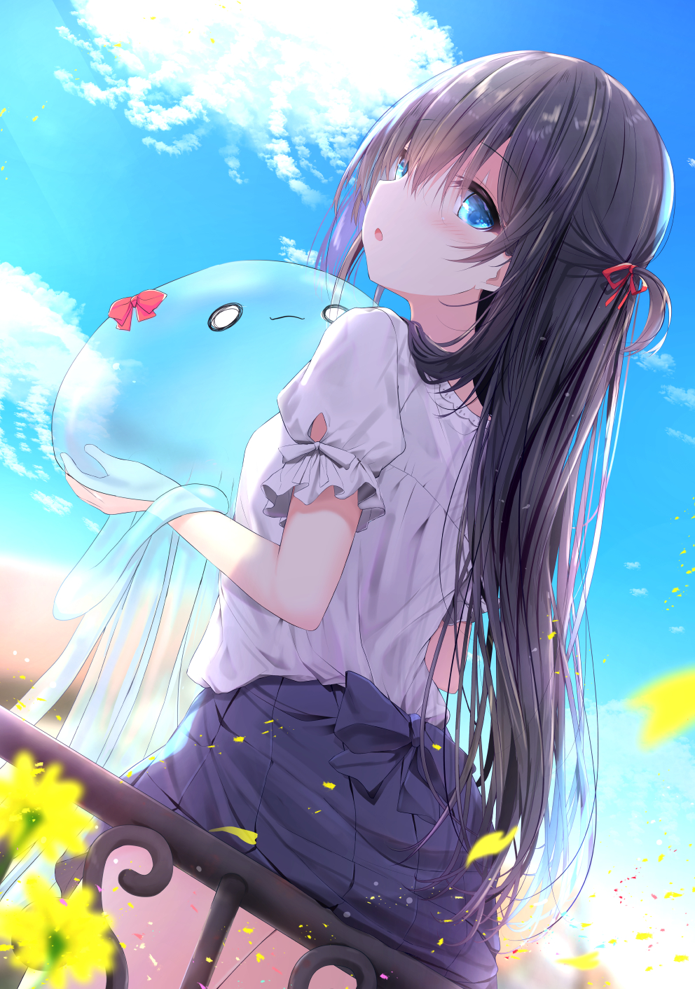 1girl :o bangs black_bow black_hair black_skirt blue_eyes blurry blurry_foreground blush bow commentary_request day depth_of_field dutch_angle eyebrows_visible_through_hair flower from_behind hair_between_eyes hair_ribbon half_updo highres holding jellyfish kouda_suzu long_hair looking_at_viewer looking_back one_side_up original outdoors parted_lips petals pleated_skirt puffy_short_sleeves puffy_sleeves railing red_bow red_ribbon ribbon shirt short_sleeves sitting skirt solo very_long_hair white_shirt yellow_flower
