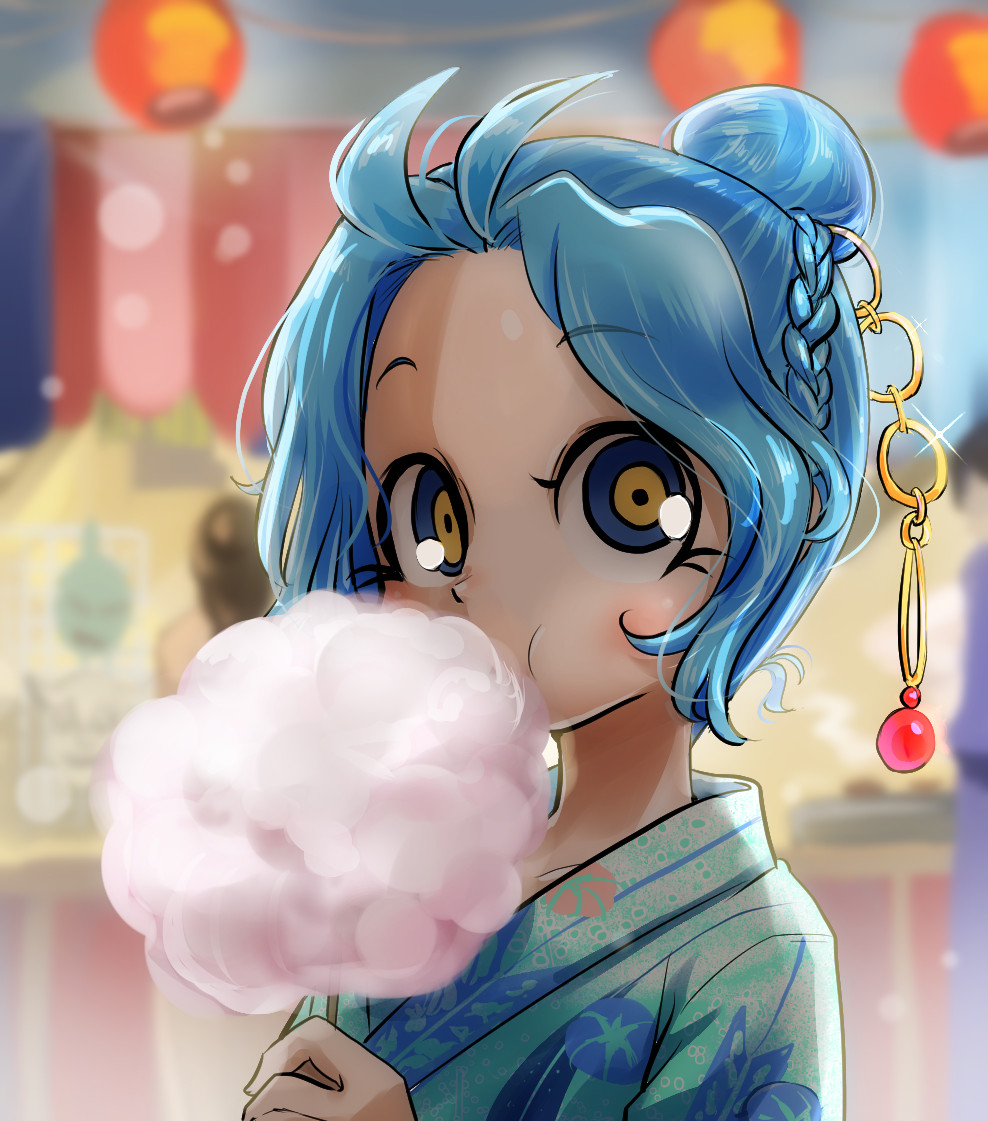 1girl alternate_costume alternate_hairstyle blue_eyes blue_hair braid chamaji close-up collarbone commentary_request cotton_candy eating eyebrows_visible_through_hair festival food hair_bun hair_up hand_up holding holding_food japanese_clothes jewelry kimono kumoi_ichirin lantern looking_at_viewer multicolored multicolored_eyes outdoors paper_lantern ring ring_hair_ornament stall touhou upper_body yellow_eyes