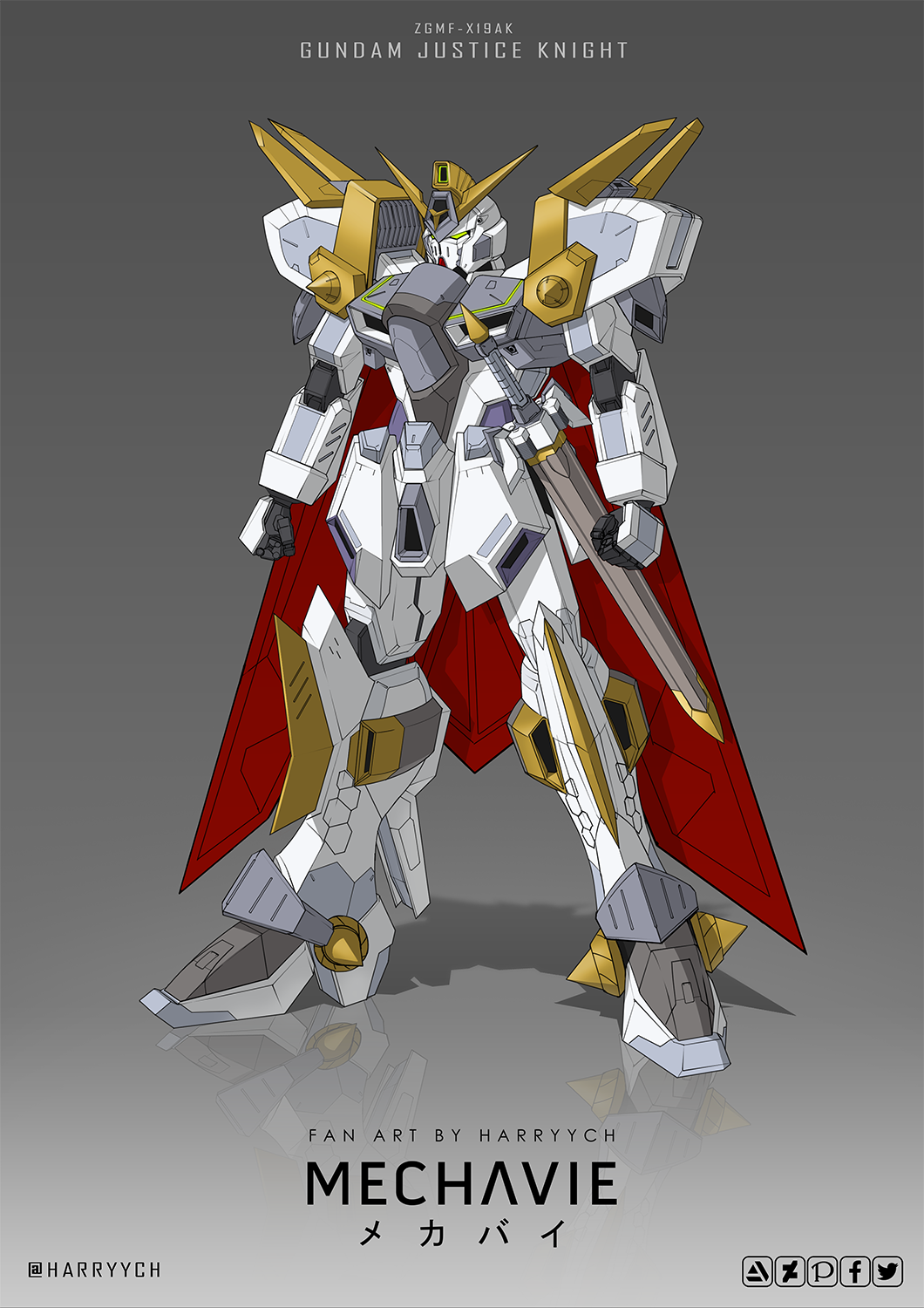 artist_name character_name english_commentary green_eyes grey_background gundam gundam_build_divers gundam_build_divers_re:rise gundam_justice_knight harryych highres holstered_weapon looking_ahead mecha no_humans solo standing sword v-fin weapon