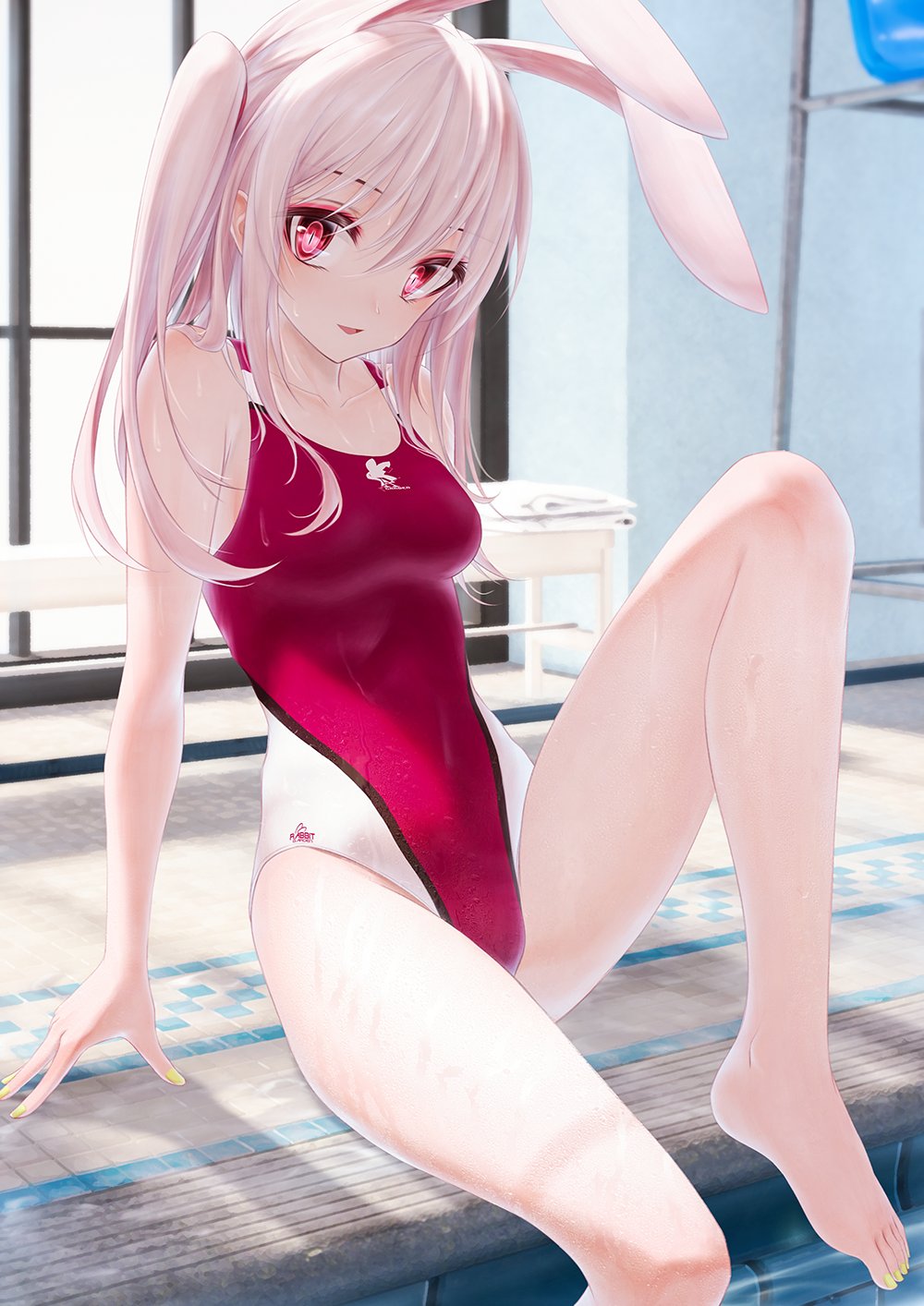 1girl animal_ears bae.c bangs bare_arms bare_shoulders barefoot breasts bunny_girl competition_swimsuit day eyeshadow feet highleg highleg_swimsuit highres indoors knee_up leg_up lirin_(bae.c) logo long_hair looking_at_viewer makeup medium_breasts nail_polish one-piece_swimsuit original parted_lips pink_swimsuit pool poolside rabbit_ears red_eyes silver_hair sitting smile solo sunlight swimsuit thighs toenail_polish twintails two-tone_swimsuit wet wet_clothes wet_swimsuit white_hair window yellow_nails