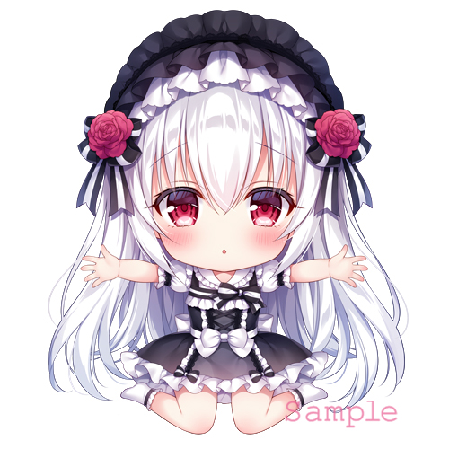 1girl :o bangs black_bow black_dress black_hairband blush bow chibi commentary_request dress eyebrows_visible_through_hair flower frilled_dress frilled_hairband frilled_legwear frills full_body hair_between_eyes hairband long_hair lowres mitsuba_choco no_shoes original outstretched_arms parted_lips puffy_short_sleeves puffy_sleeves red_flower red_rose rose sample short_sleeves simple_background sitting socks solo spread_arms striped striped_bow very_long_hair wariza white_background white_bow white_hair white_legwear