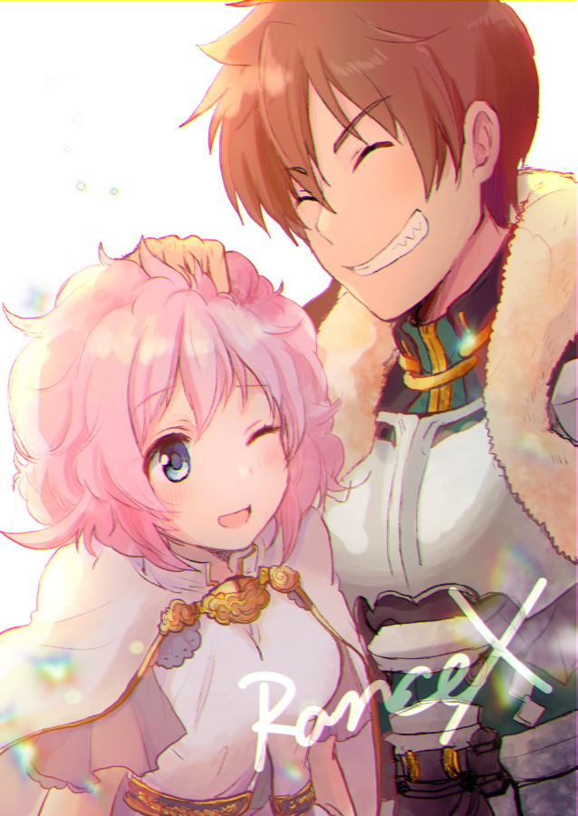 1boy 1girl :d ^_^ armor blue_eyes breastplate brown_hair chromatic_aberration closed_eyes coat copyright_name eyebrows_visible_through_hair fur-trimmed_coat fur_trim grin hair_between_eyes hand_on_another's_head hand_on_head happy miton_(ton321) open_mouth petting pink_hair rance rance_(series) rance_10 shirt short_hair sidelocks sill_plain simple_background smile upper_body white_background