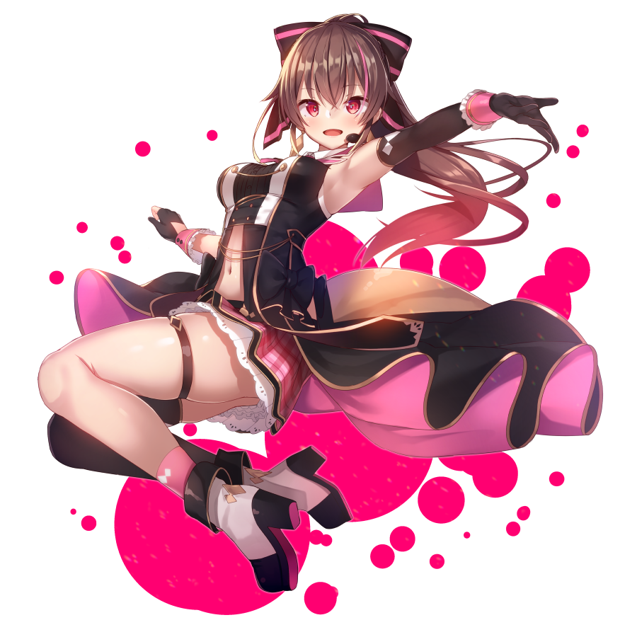 .live 1girl alternate_costume alternate_hairstyle armpits breasts brown_hair commentary_request full_body gyuunyuu_bin hair_ribbon looking_at_viewer medium_breasts microphone navel open_mouth ponytail red_eyes ribbon sleeveless solo transparent_background virtual_youtuber yaezawa_natori