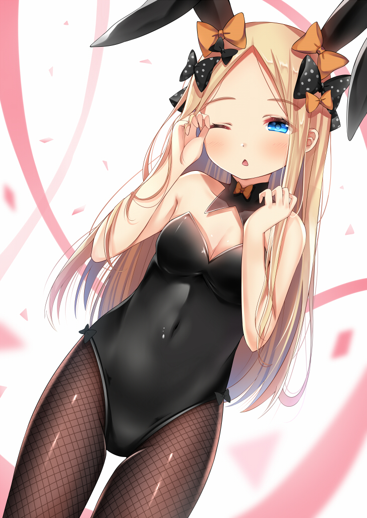 1girl abigail_williams_(fate/grand_order) animal_ears bangs black_bow black_leotard blonde_hair blue_eyes blush bow breasts bunnysuit covered_navel detached_collar fate/grand_order fate_(series) fishnet_legwear fishnets forehead hair_bow highleg highleg_leotard leotard lokyin_house long_hair looking_at_viewer multiple_bows one_eye_closed open_mouth orange_bow parted_bangs polka_dot polka_dot_bow rabbit_ears small_breasts strapless strapless_leotard thighs