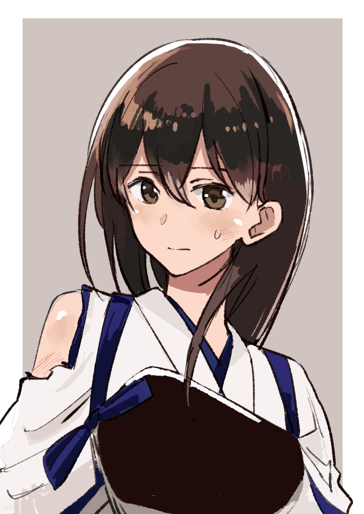 1girl border brown_eyes brown_hair commentary_request grey_background hair_down japanese_clothes kaga_(kantai_collection) kantai_collection long_hair muneate solo takamachiya tasuki torn_clothes two-tone_background upper_body white_border