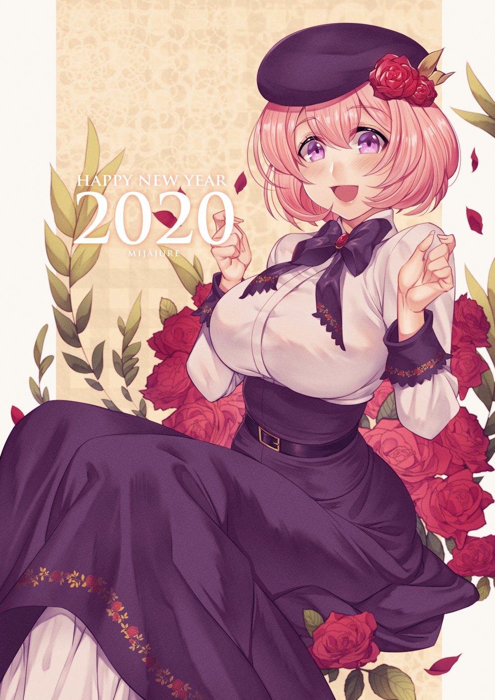 1girl 2020 artist_name black_skirt blush breasts eyebrows_visible_through_hair happy_new_year highres large_breasts long_sleeves looking_at_viewer mijajure new_year open_mouth original pink_hair short_hair skirt smile solo violet_eyes