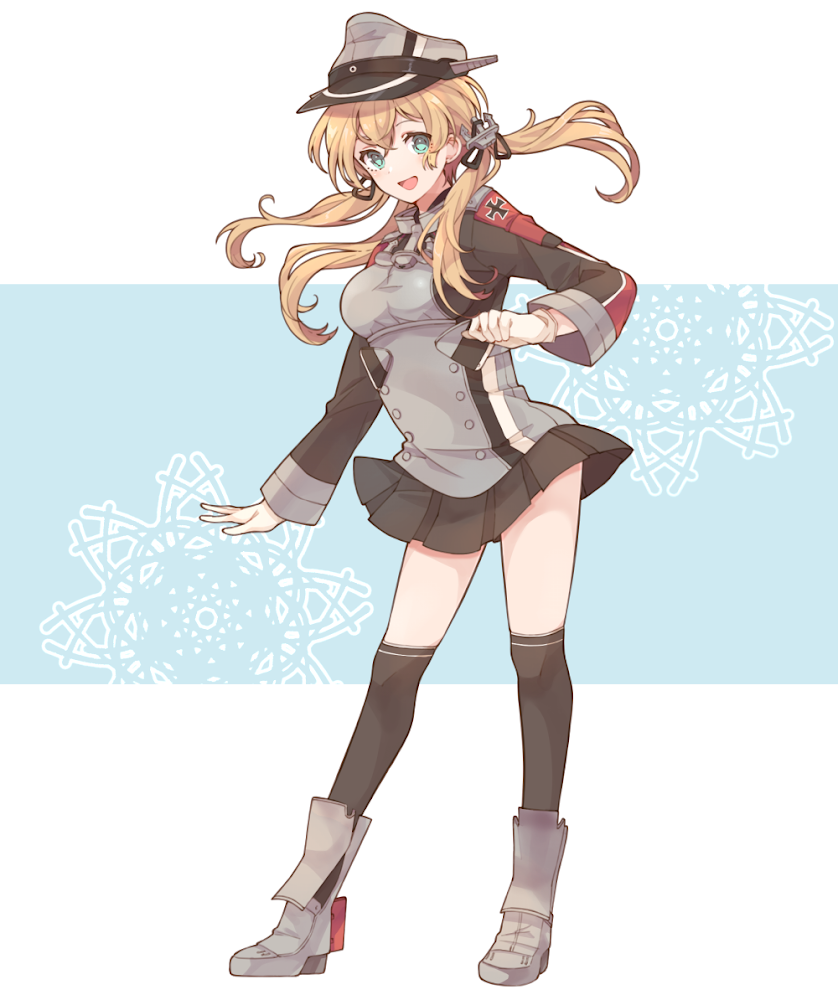 1girl aqua_eyes black_legwear black_skirt blonde_hair eyebrows_visible_through_hair full_body gloves hair_between_eyes hat kantai_collection long_hair long_sleeves low_twintails military military_hat military_uniform open_mouth peaked_cap pleated_skirt prinz_eugen_(kantai_collection) shakemi_(sake_mgmgmg) skirt solo thigh-highs twintails uniform white_gloves