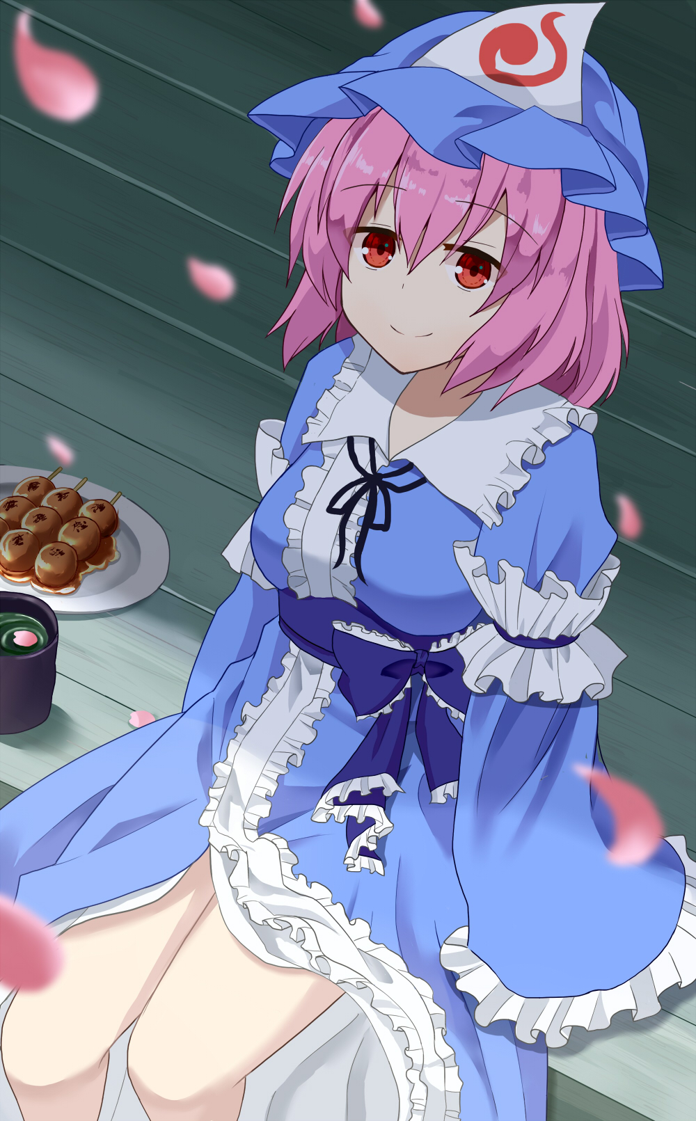 1girl arm_garter blue_headwear blue_kimono blurry_foreground breasts commentary_request cropped_legs cup dango eyebrows_visible_through_hair feet_out_of_frame food furisode hair_between_eyes hat highres japanese_clothes kimono large_breasts looking_at_viewer mob_cap obi petals petals_on_liquid pink_hair plate red_eyes saigyouji_yuyuko sash short_hair sitting sleeves_past_fingers sleeves_past_wrists smile solo sugiyama_ichirou touhou triangular_headpiece veranda wagashi yunomi