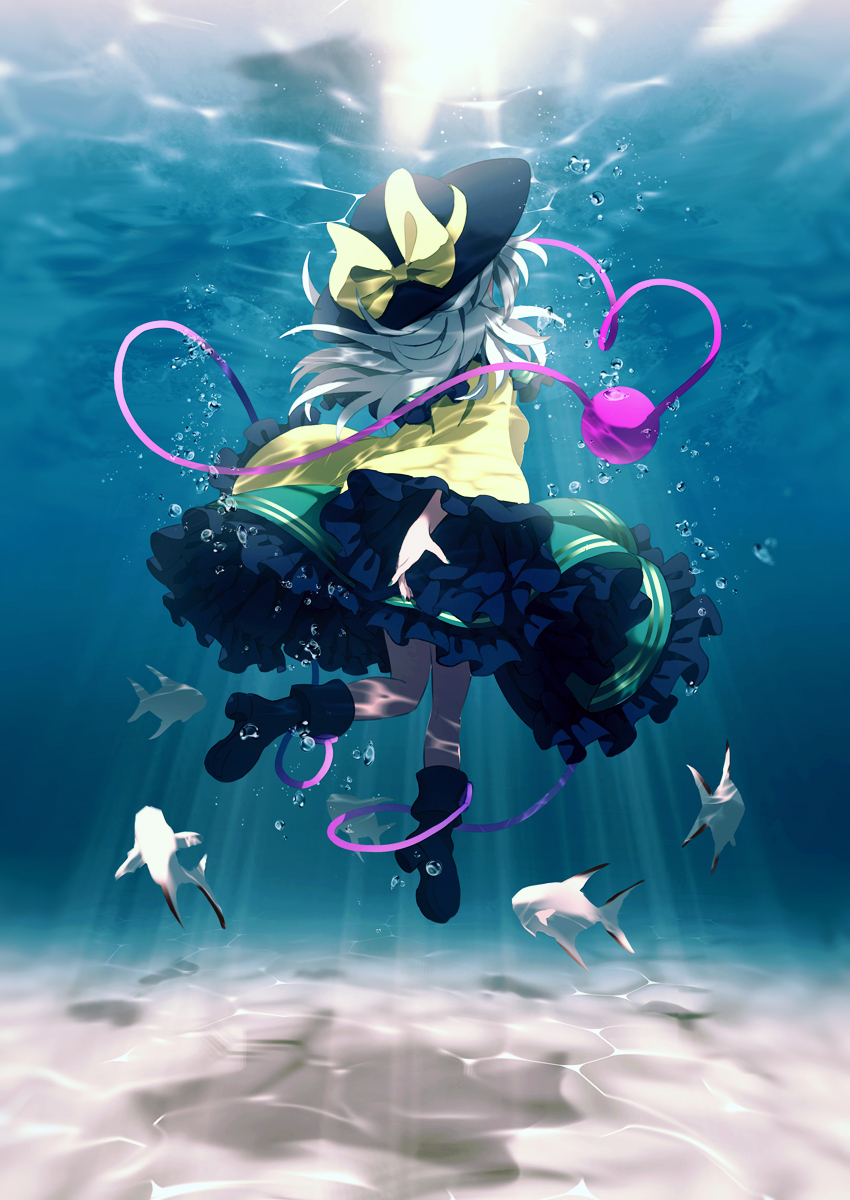 1girl air_bubble boots bow bubble caustics collared_shirt dise eyeball fish freediving frilled_sleeves frills from_behind green_nails green_skirt hat hat_bow highres komeiji_koishi long_hair long_sleeves nail_polish ocean shirt silver_hair skirt solo third_eye touhou underwater water wide_sleeves yellow_bow yellow_shirt