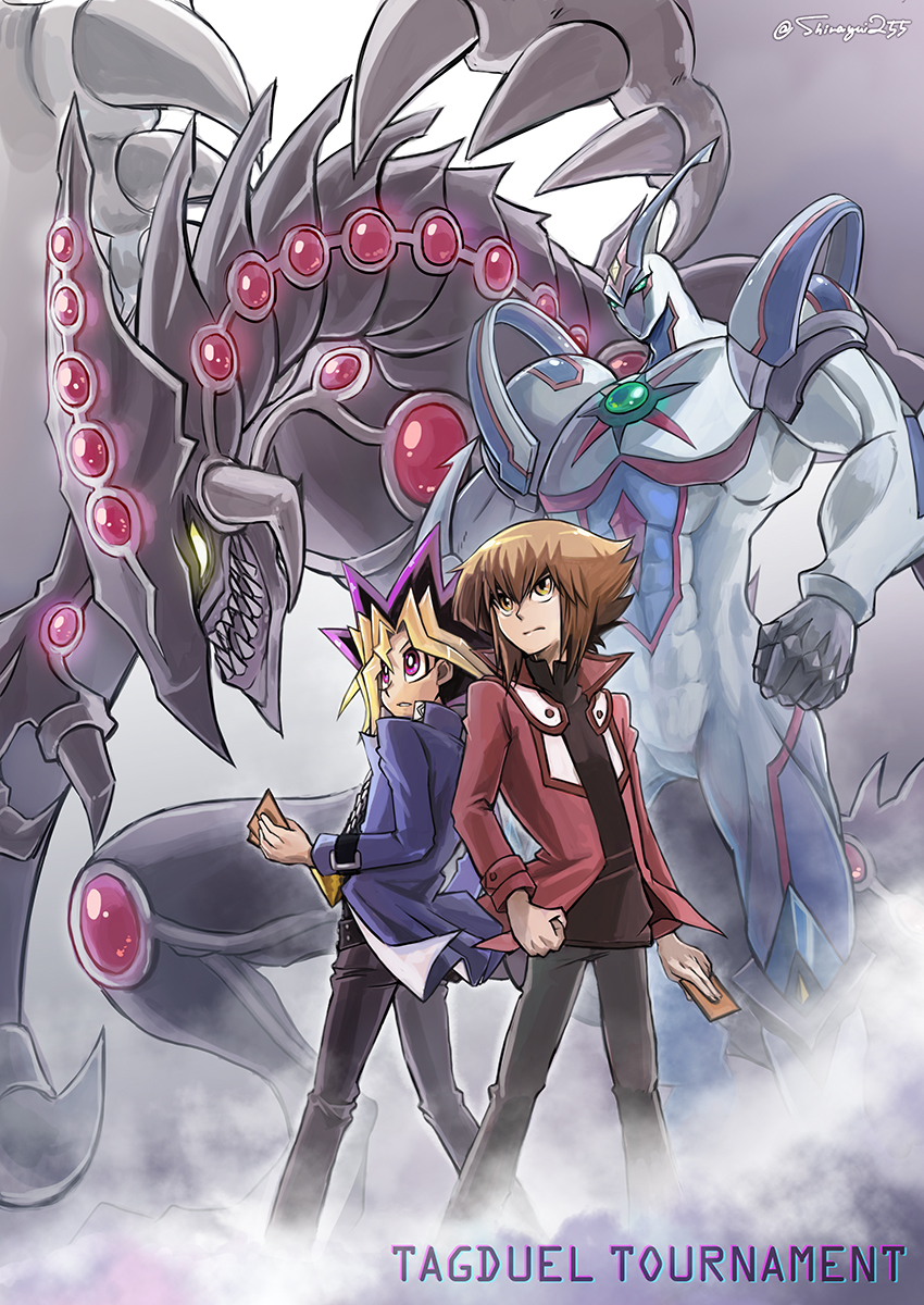 2boys black_pants blue_coat brown_eyes brown_hair card coat dragon duel_academy_uniform_(yuu-gi-ou_gx) duel_monster elemental_hero_neos gandora_the_dragon_of_destruction hair_between_eyes haku_yui_(shirayui255) highres holding holding_card jacket male_focus millennium_puzzle monster multiple_boys mutou_yuugi pants red_jacket serious smoke standing yuu-gi-ou yuu-gi-ou_duel_monsters yuu-gi-ou_gx yuuki_juudai