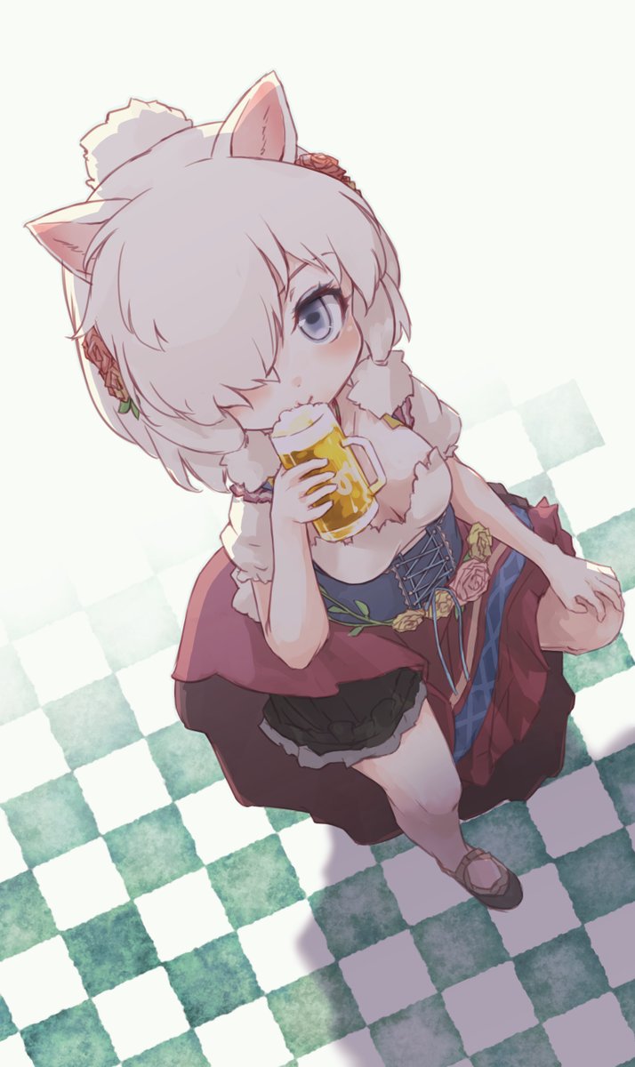 1girl alcohol alpaca_ears alpaca_girl alpaca_suri_(kemono_friends) alternate_costume animal_ears bare_legs beer beer_mug blue_corset blue_eyes blush checkered checkered_floor commentary_request cup dirndl dress drinking eyebrows_visible_through_hair flower german_clothes hair_bun hair_flower hair_ornament hair_over_one_eye hair_tubes highres kemono_friends kemono_friends_3 kolshica mug puffy_short_sleeves puffy_sleeves red_dress rose_hair_ornament short_hair short_sleeves solo waitress white_hair