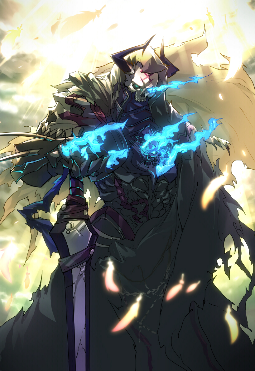 1boy armor black_armor black_horns blue_eyes blue_fire burning fate/grand_order fate_(series) fire flame flaming_eye glowing glowing_eyes holding holding_sword holding_weapon hood hood_up horns king_hassan_(fate/grand_order) looking_at_viewer male_focus skull skull_mask solo spikes sword tsuezu upper_body weapon