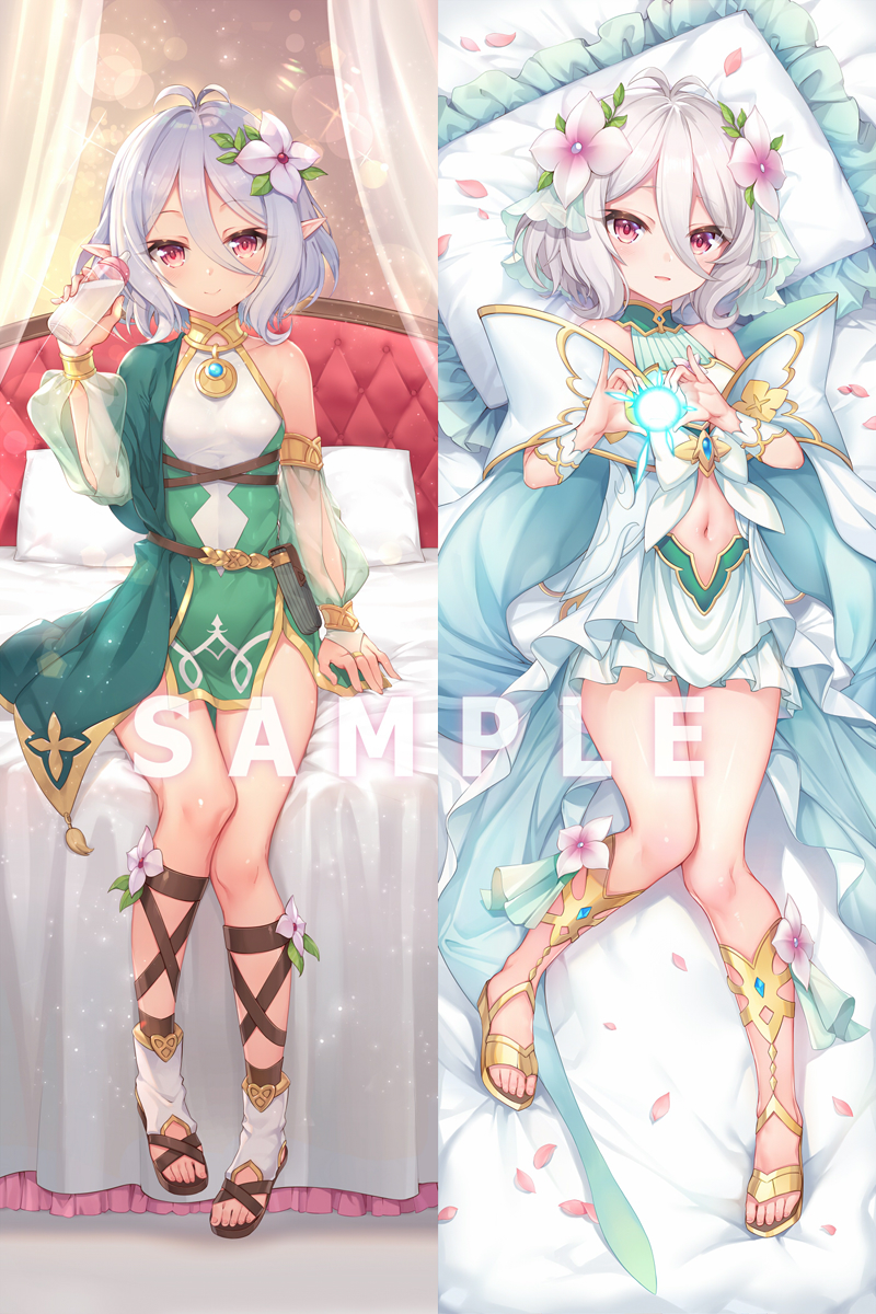 1girl antenna_hair bare_shoulders bed_sheet bottle commentary_request dakimakura detached_sleeves full_body green_sleeves hair_between_eyes heart heart_hands highres holding holding_bottle kokkoro_(princess_connect!) looking_at_viewer lying navel on_back on_bed petals pillow pointy_ears princess_connect! princess_connect!_re:dive red_eyes sample see-through_sleeves short_hair silver_hair sitting solo taro_(ultrataro) thighs