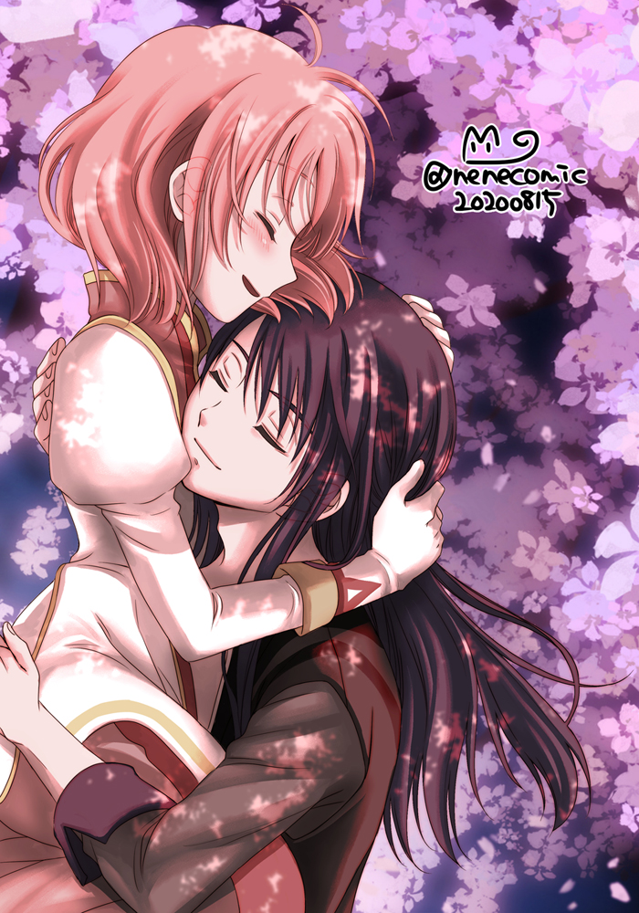 1boy 1girl black_hair blush closed_eyes couple estellise_sidos_heurassein floral_background gloves hand_on_another's_head hug long_hair neneco_dqx pink_hair short_hair smile tales_of_(series) tales_of_vesperia yuri_lowell